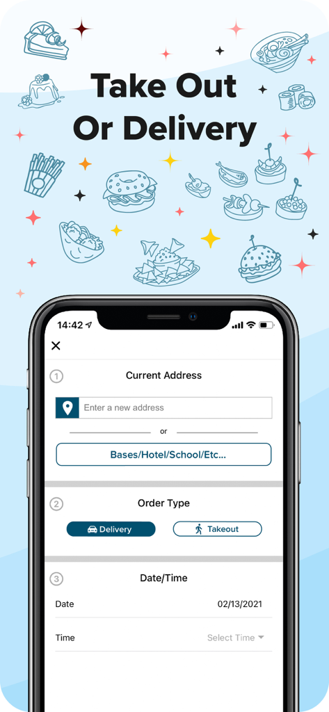 It's Cool Delivery - A mobile phone screen showing the Its Cool Delivery app interface for entering an address and choosing between delivery and takeout.