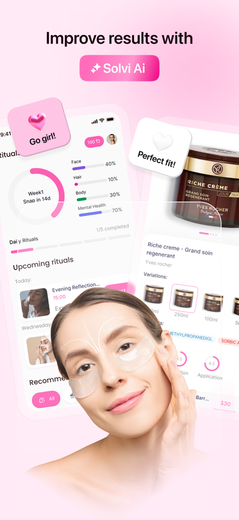 Solvi: Skincare Club - Solvi Skincare Club mobile app interface showing personalized rituals and AI product recommendations