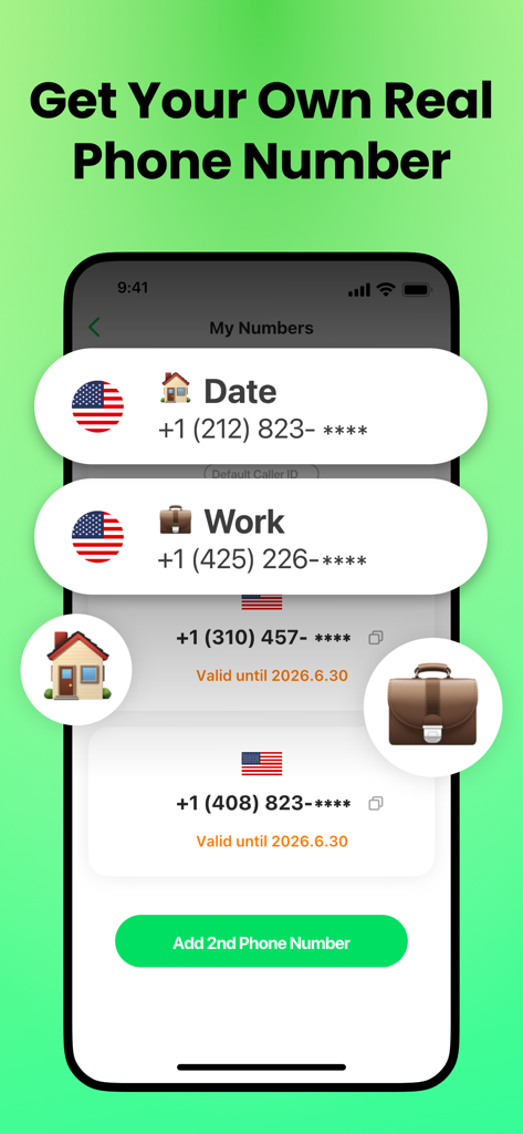 2nd Phone: SMS, Call, Verify - Interface of 2nd Phone app showing real phone numbers for work and dating.