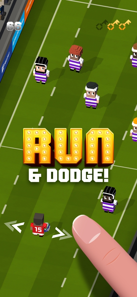 Blocky Rugby arcade gameplay featuring voxel characters and a run and dodge instruction