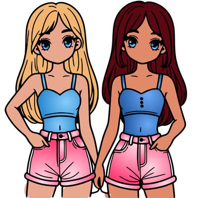 two sisters with crop tops and jean shorts and straight hair
