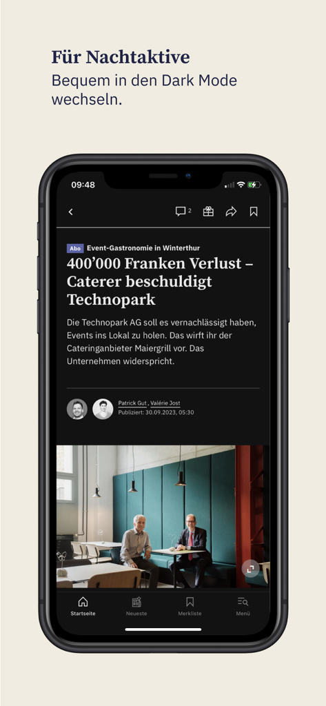 Der Landbote news app interface in dark mode showing a news article