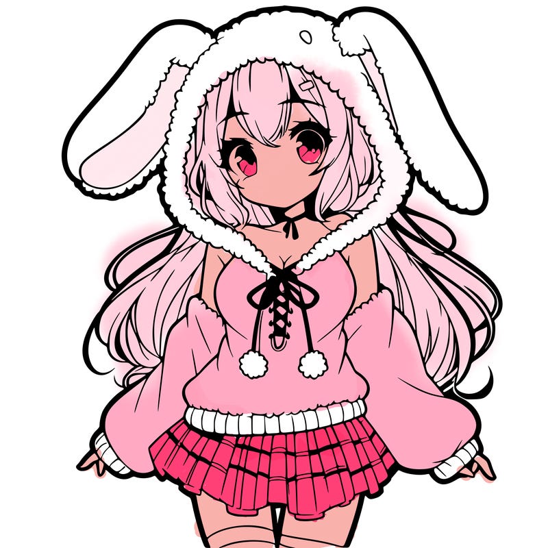 pretty anime girl wearing a fluffy hoodie with bunny ears on the hood and a skirt