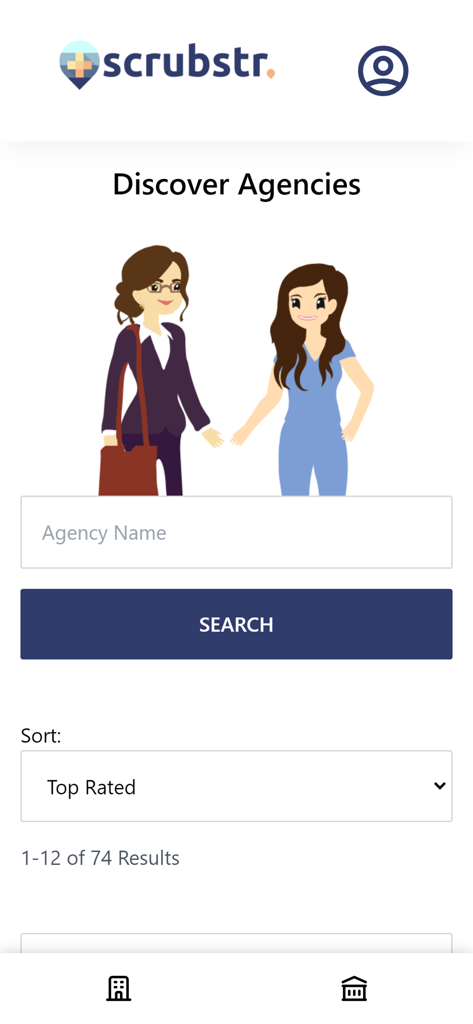 Scrubstr - Scrubstr app screen for searching and sorting travel nurse recruitment agencies