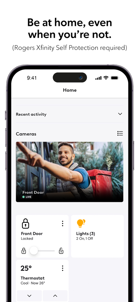 Rogers Xfinity (Shaw) - Interface of the Rogers Xfinity app showing live door camera and controls for lights and thermostat.