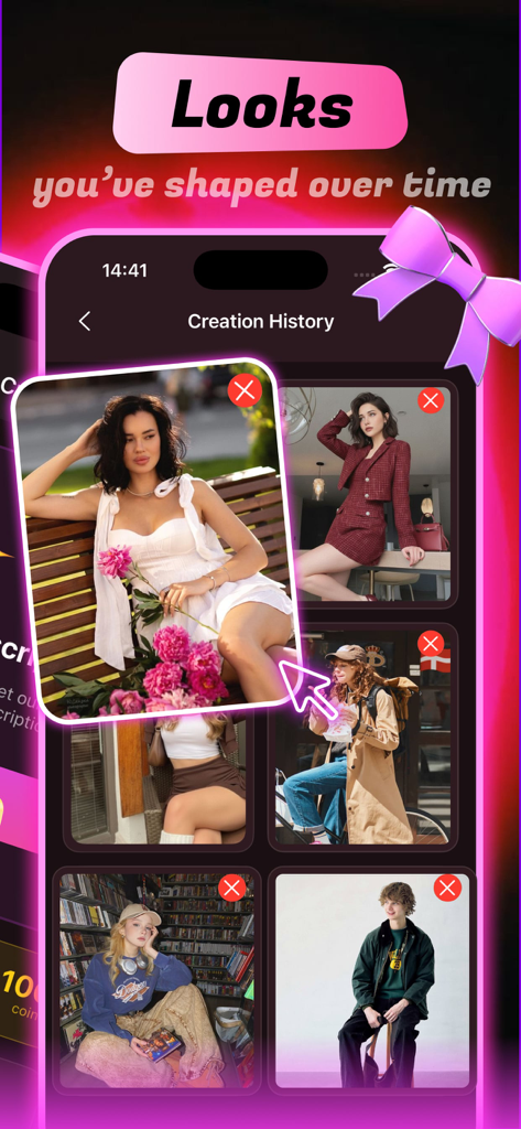 Interfaz que muestra el historial de creación de atuendos de moda en la aplicación Meeti.