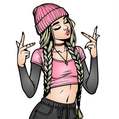 realistic teenage girl with braids and a beanie and crop top doing 🫶🏼