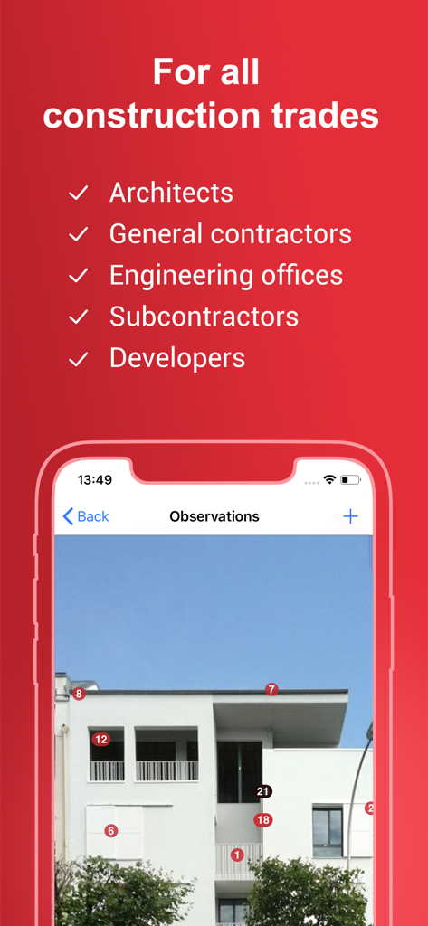 Archipad ™ - Archipad app showing site observations with numbered markers on a building photo for construction professionals