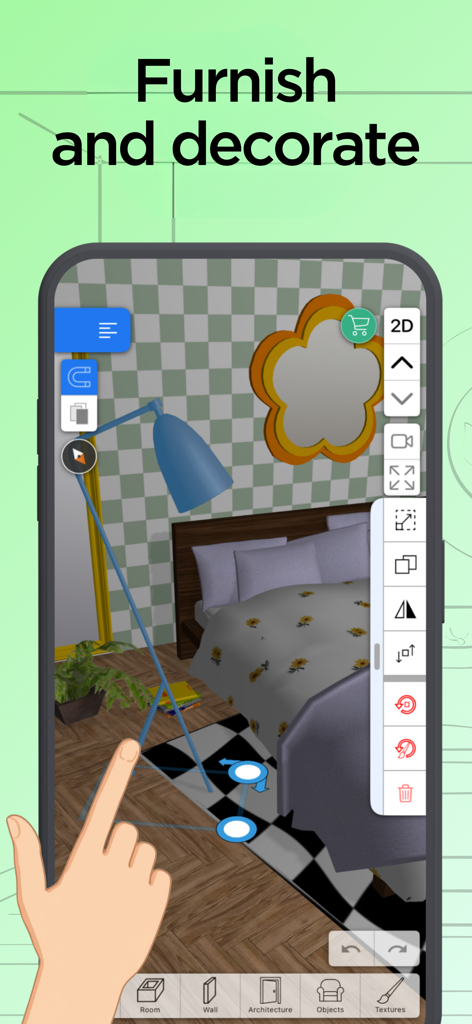 Um usuário mobiliando e decorando um quarto em 3D usando o aplicativo Home Design 3D