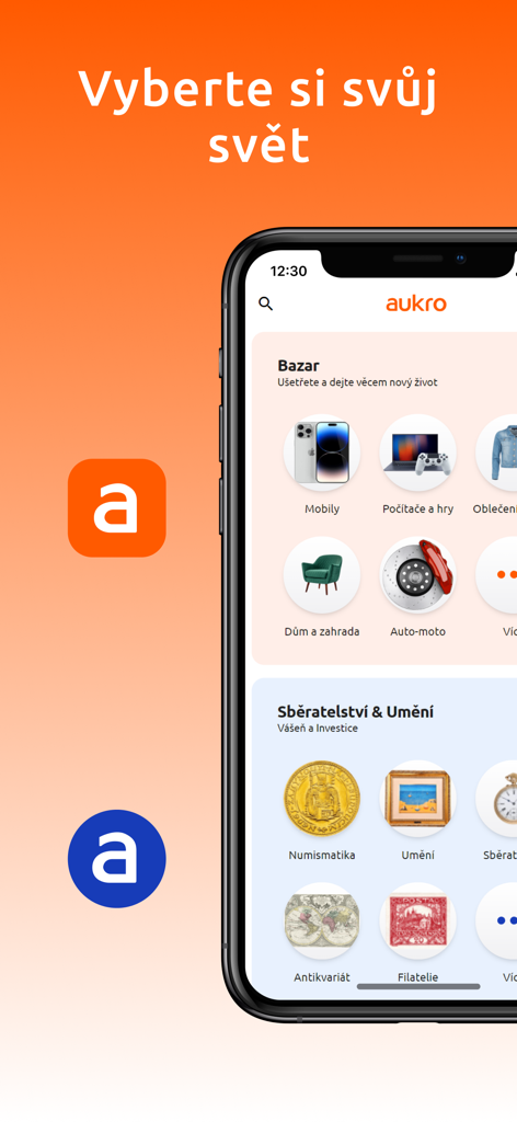 Écran d'accueil de l'application d'enchères Aukro présentant diverses catégories d'achat.