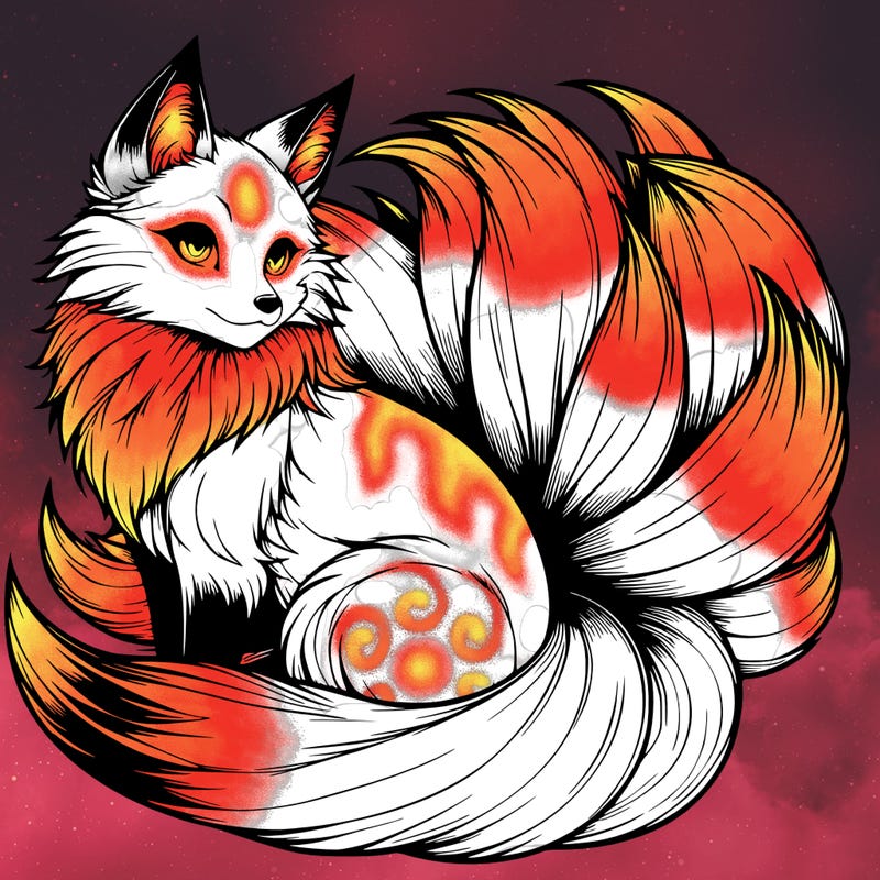 realistic detailed 9 tailed anime fox