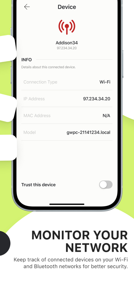 Interface showing details of a connected device on a Wi-Fi network for security monitoring.