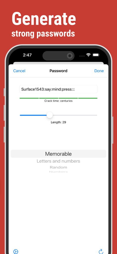 SafeInCloud app interface for generating strong and memorable passwords with estimated crack time analysis.