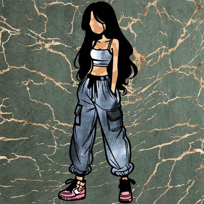 girl in baggy pants crop top and long hair