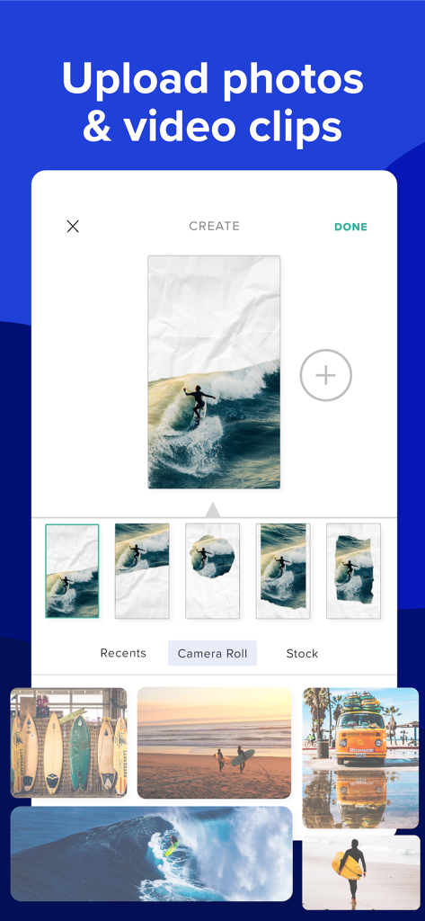 L'interface de l'application Animoto montrant le processus de téléchargement de photos et de clips vidéo à partir d'un appareil mobile pour créer du contenu pour les médias sociaux.