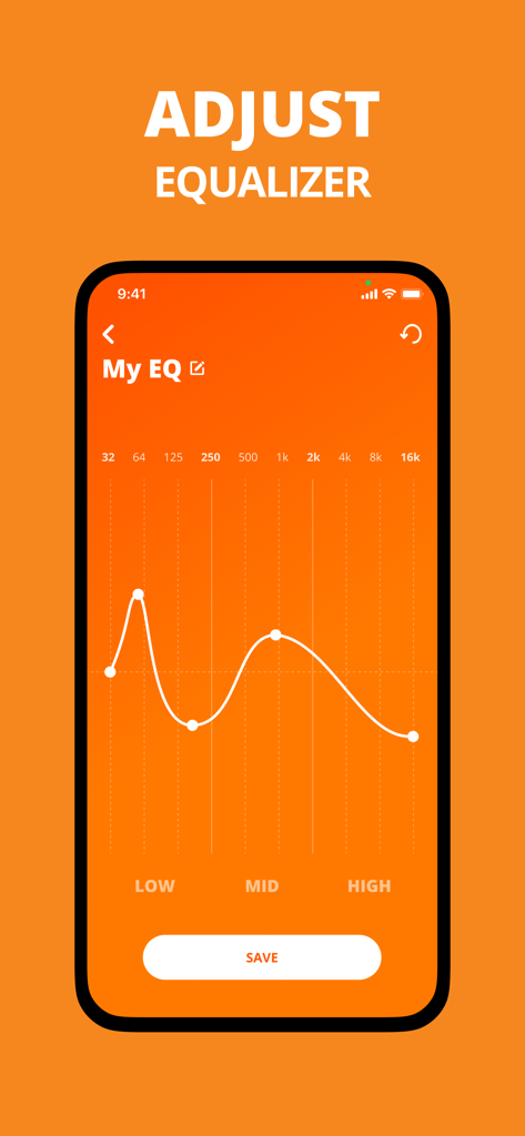 Interface of the JBL Headphones app showing custom equalizer settings for personalized audio