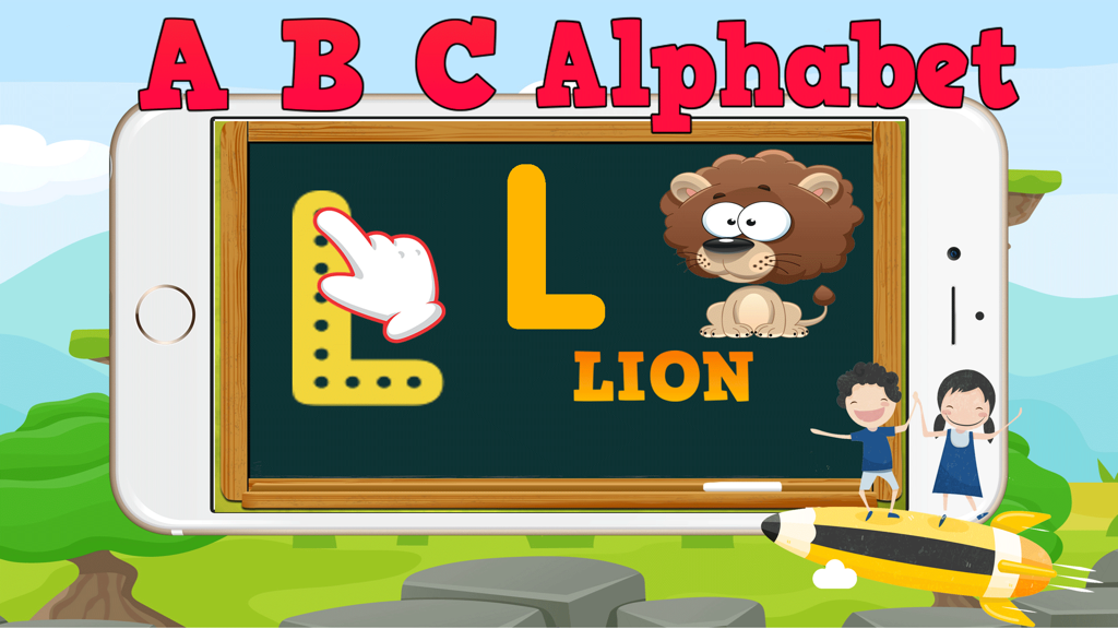 Écran d'application éducative montrant un enfant traçant la lettre L avec une illustration de lion