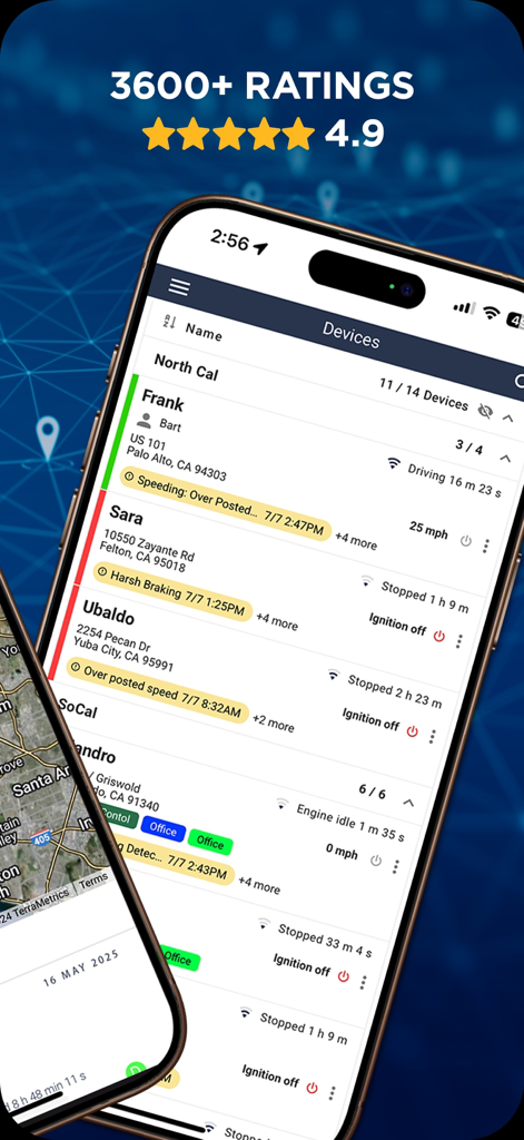 One Step GPS app dashboard with live fleet tracking and driver status