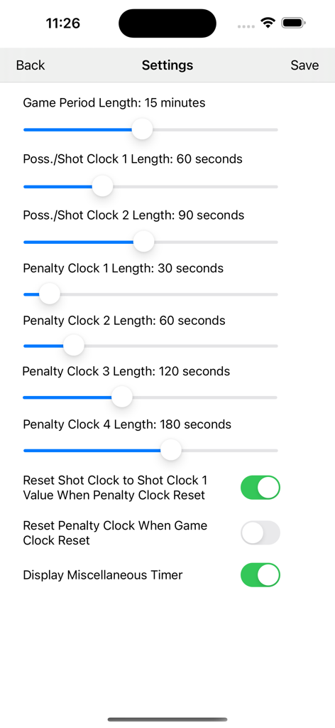 Lacrosse Clock app settings screen for configuring game periods shot clocks and multiple penalty time durations