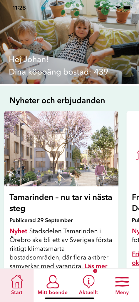 ÖBO - Hem för dig - OBO tenant app interface showing news updates and housing points