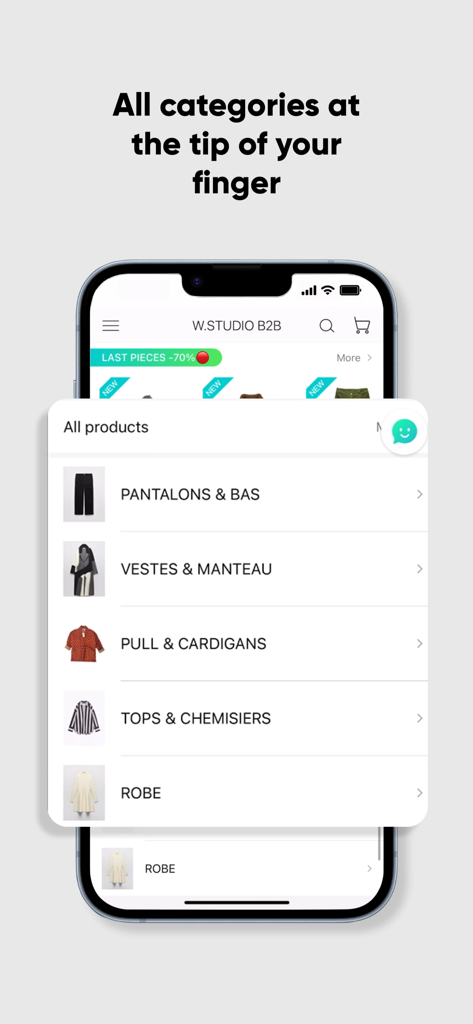 Mobile interface of W.STUDIO B2B fashion app showing wholesale product categories like pants coats and dresses