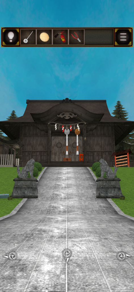 Gameplay screenshot of THE GODLESS SHRINE showing the temple entrance path and inventory items