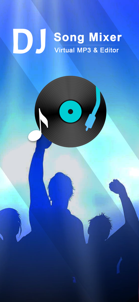 Gráfico promocional de la aplicación DJ Song Mixer con un icono de disco de vinilo y siluetas de multitudes en una fiesta