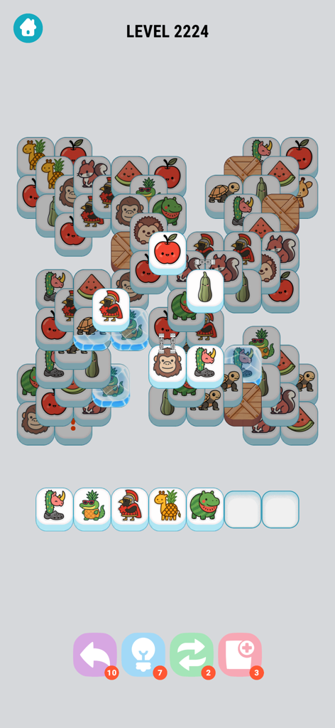 Brainrot Tile Match IQ - Merge - Tela de jogabilidade do Brainrot Tile Match IQ mostrando o nível 2224 com peças de animais engraçados