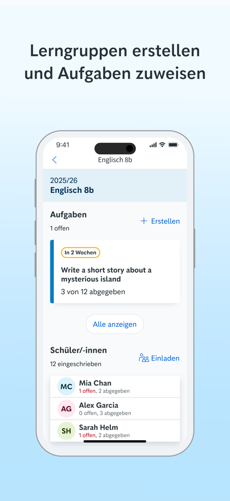 Cornelsen Lernen - Oberfläche der Cornelsen Lernen App zum Erstellen von Lerngruppen und Zuweisen von schulischen Aufgaben