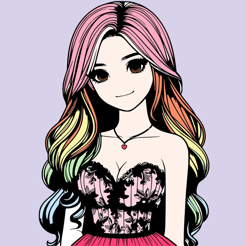 realistic girl with long hair and pretty prom dress