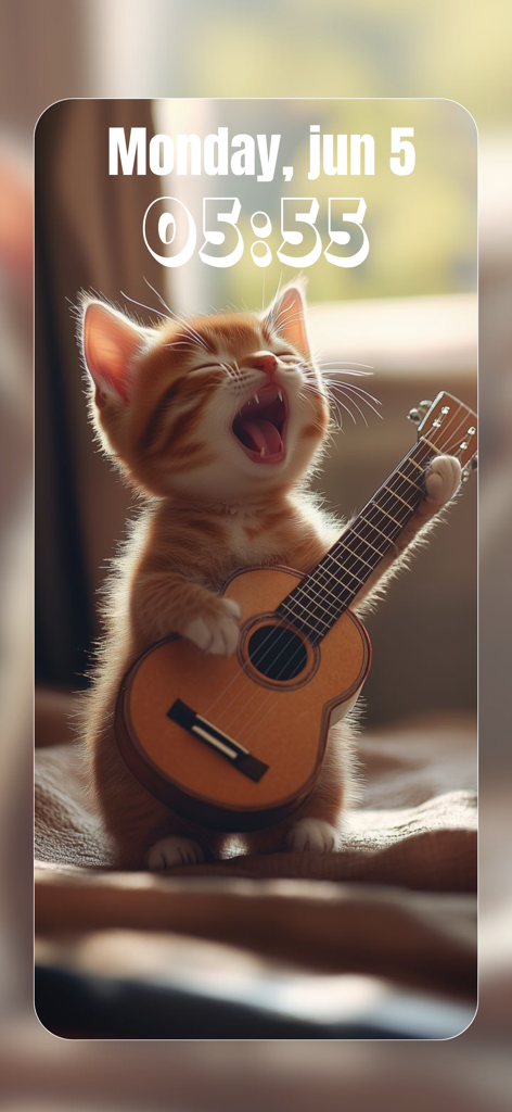 Un adorable gatito atigrado cantando mientras toca una pequeña guitarra en un fondo de pantalla de bloqueo móvil