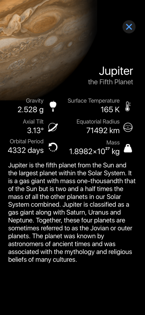 Detailed profile of Jupiter showing planetary facts and a descriptive summary in the Starlight astronomy app.