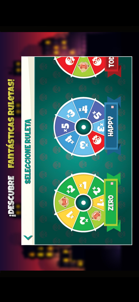 Selection screen for different colorful roulette wheels in the Cultura Chupistica Fiesta 2 party game.