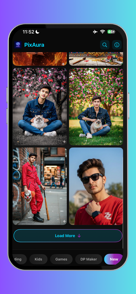 PixAura - AI Prompt Generator - Interface of the PixAura app showing a grid of AI generated portrait prompts and creative categories
