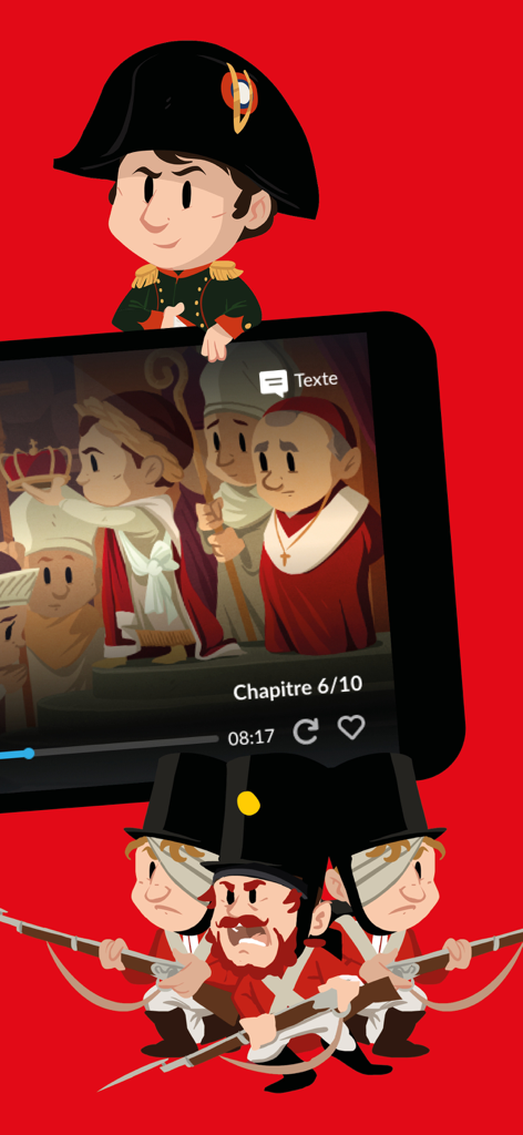 Cartoon illustration of Napoleon Bonaparte and soldiers showcasing historical stories on a mobile device in the Quelle Histoire app.