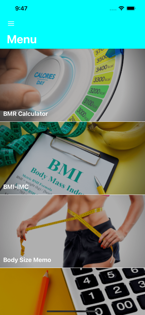 BMR Calculator Body Health - BMR 및 BMI 계산 옵션을 보여주는 BMR 계산기 건강 관리 모바일 애플리케이션의 메인 메뉴 화면.