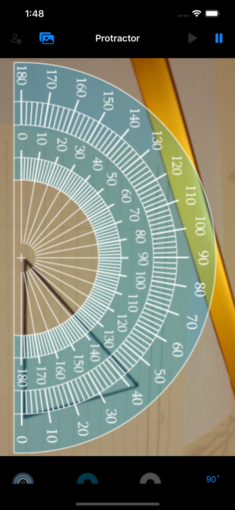 Protractor (Angle measurement) - A digital protractor overlay on a camera view measuring an angle