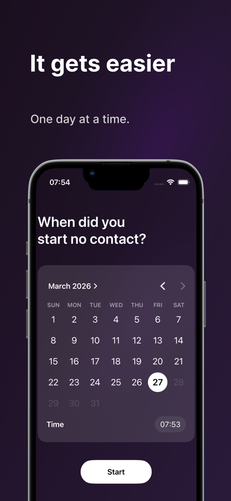 A minimalist calendar interface in the No Contact Days app for selecting a breakup recovery start date.