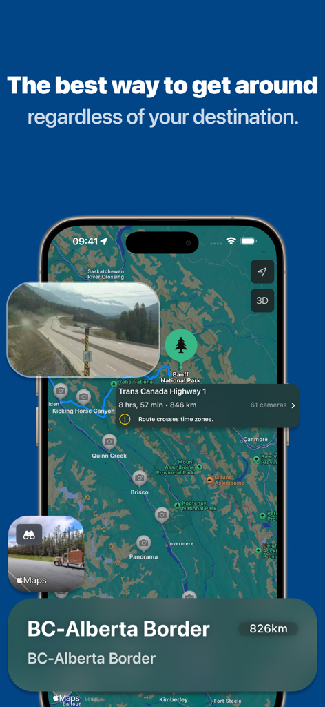 A smartphone screen displaying the British Columbia Road Cameras app map with live traffic camera icons and a route preview.