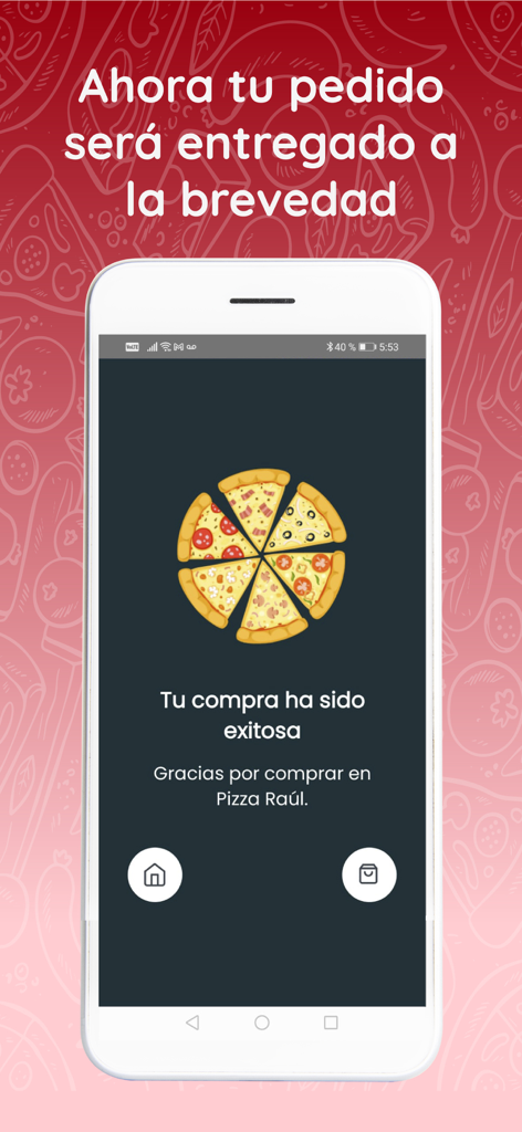 Pizza Raul - Pizza Raul app order confirmation screen showing a successful purchase with a pizza illustration