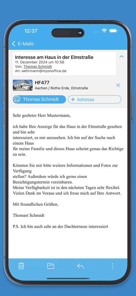 Real estate agent managing a property inquiry email inside the onOffice CRM app.