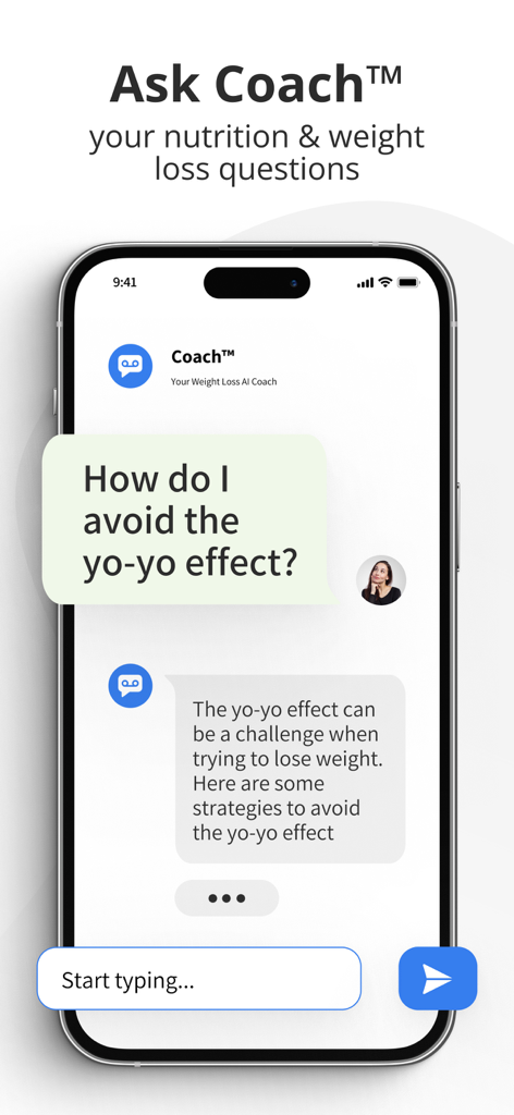Un smartphone montrant l'interface du coach IA FitFast fournissant des conseils sur la façon d'éviter l'effet yoyo pendant la perte de poids.