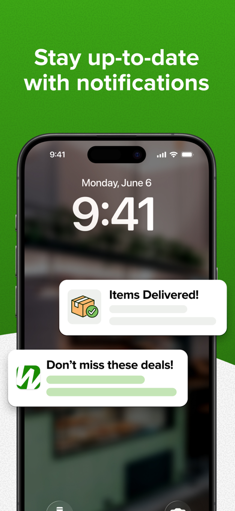 WebstaurantStore - Notificaciones de la aplicación WebstaurantStore en la pantalla de bloqueo de un smartphone que muestran el estado de entrega y las ofertas.