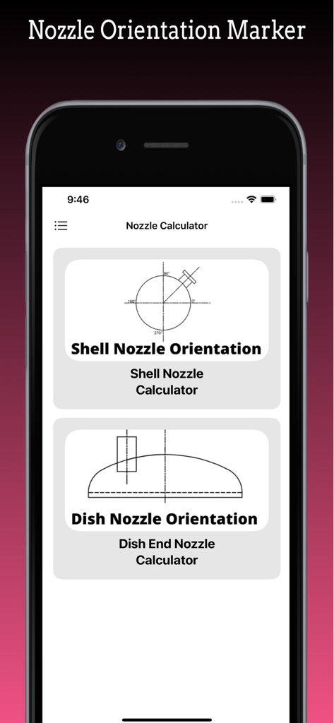 Menú principal de la aplicación Marcador de Orientación de Boquillas que muestra calculadoras de boquillas para camisas y fondos