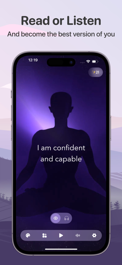 Daily Affirmations: Life Quote - Interfaz de la aplicación Afirmaciones Diarias que muestra una silueta de meditación con la cita 'Soy confiado y capaz'