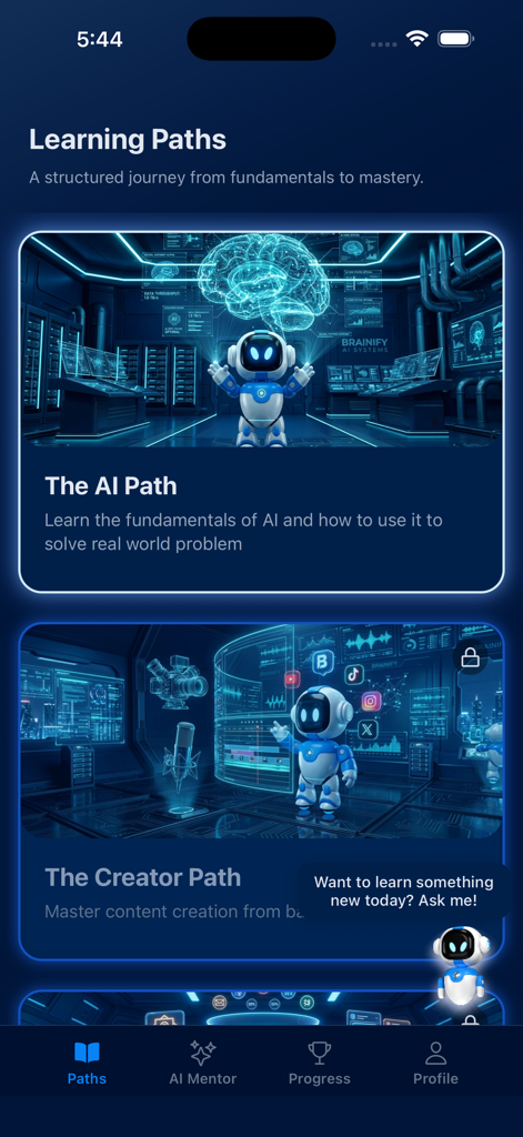 brAInify App - Der Bildschirm "Lernpfade" der brAInify-App, der Kursoptionen und eine schwebende Chat-Blase eines KI-Mentor-Roboters zeigt.