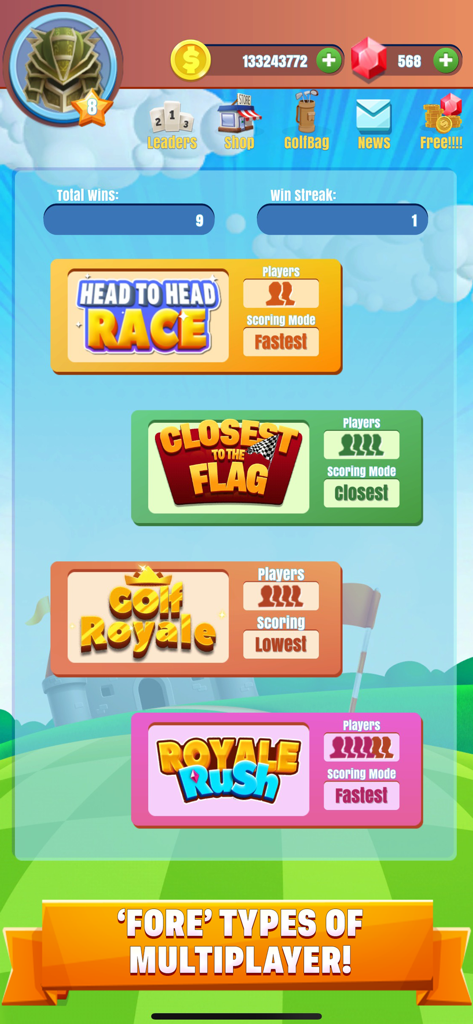 Head to Head RaceやGolf Royaleを含む、Mini Golf Starsの4つのマルチプレイヤーゲームモードが表示された画面。