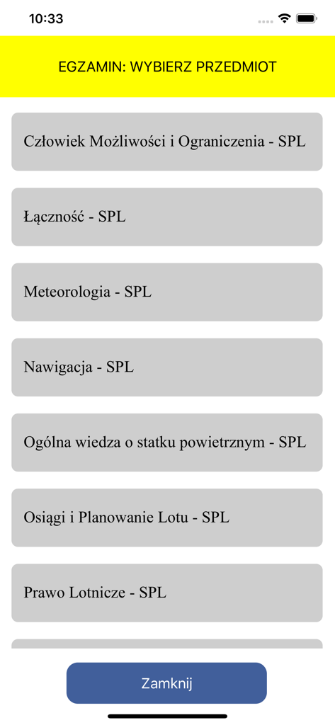 Subject selection menu for the SPL pilot license exam showing topics like Meteorology and Navigation
