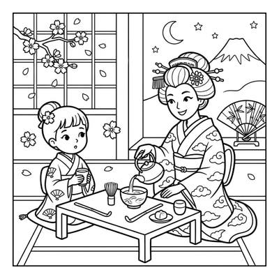 Step into the serene world of a traditional Japanese Geisha Tea Ceremony with this charming coloring page, specially designed for kids. Little artists can bring to life the beauty of kimonos, cherry blossoms, and cultural rituals.