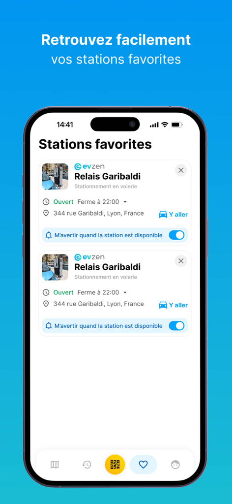 EVzen Charge - EVzen Charge app displaying a list of favorite electric vehicle charging stations with availability status and location details.